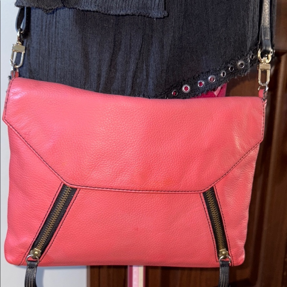 Halogen  Crossbody bag  envelope style pebbled leather  dark, coral, black trim
